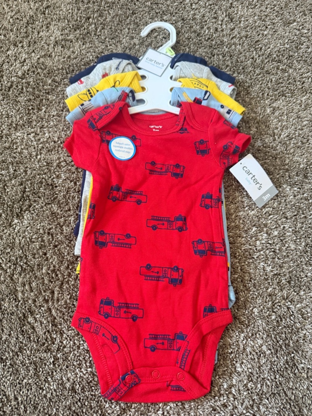 Carter's Red Short Sleeve Bodysuit with Navy Firetruck Print